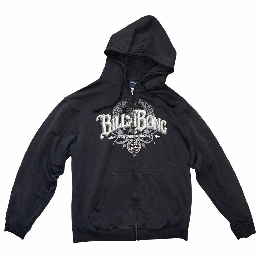 Vintage Billabong Full Zip Hoodie Y2K Graphic Black XL Organic Cotton Blend